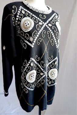 1980s Beaded Sweater Dress – Black Pearl & Crystal Embellished
